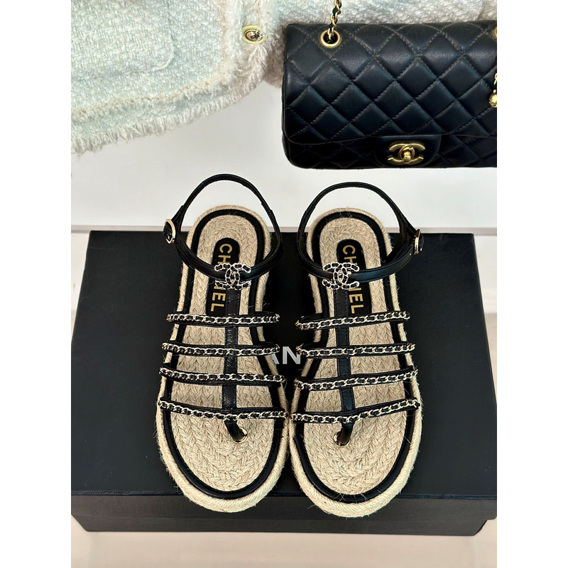 Ch*el sandals lambskin black