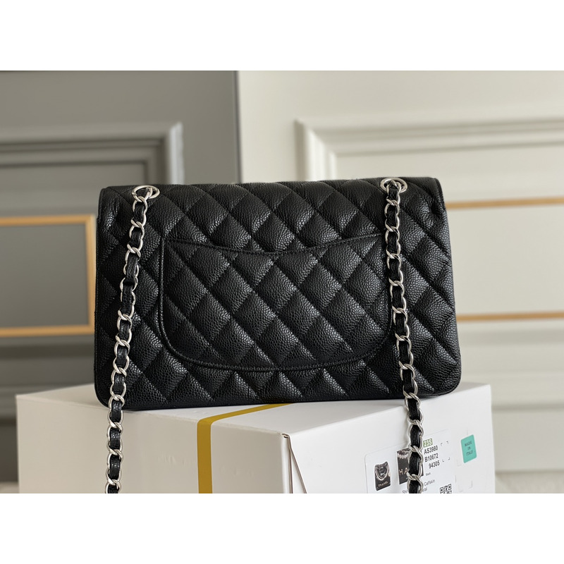 Ch*el classic double flap quilted caviar silver-tone medium black