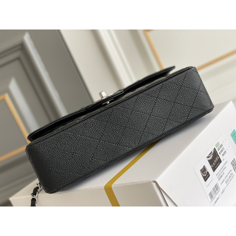 Ch*el classic double flap quilted caviar silver-tone medium black