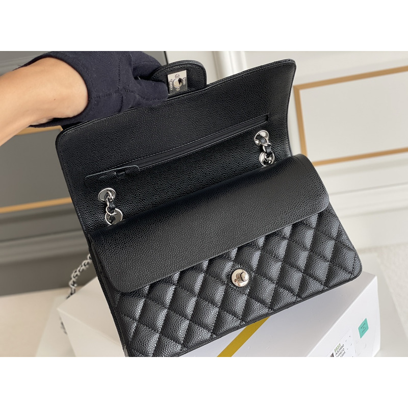 Ch*el classic double flap quilted caviar silver-tone medium black