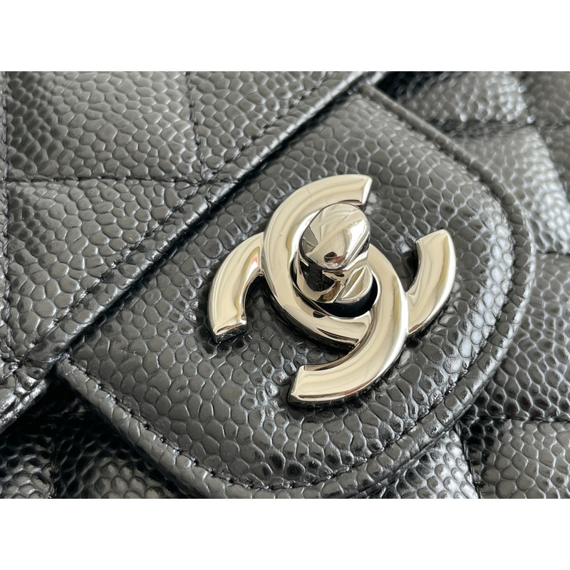 Ch*el classic double flap quilted caviar silver-tone medium black