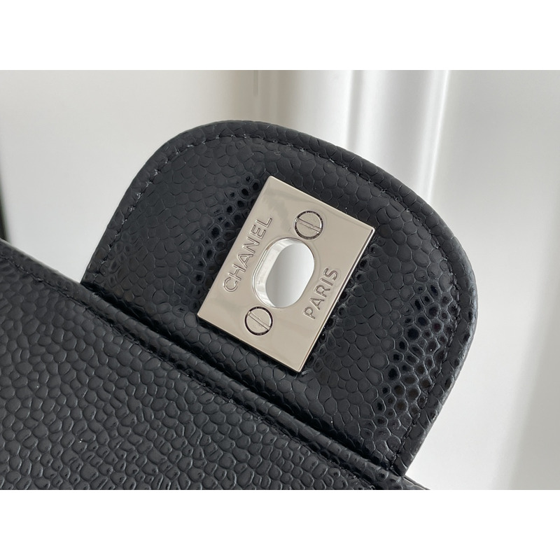 Ch*el classic double flap quilted caviar silver-tone medium black