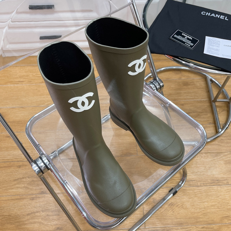 Ch*el rubber rain boots dark beige