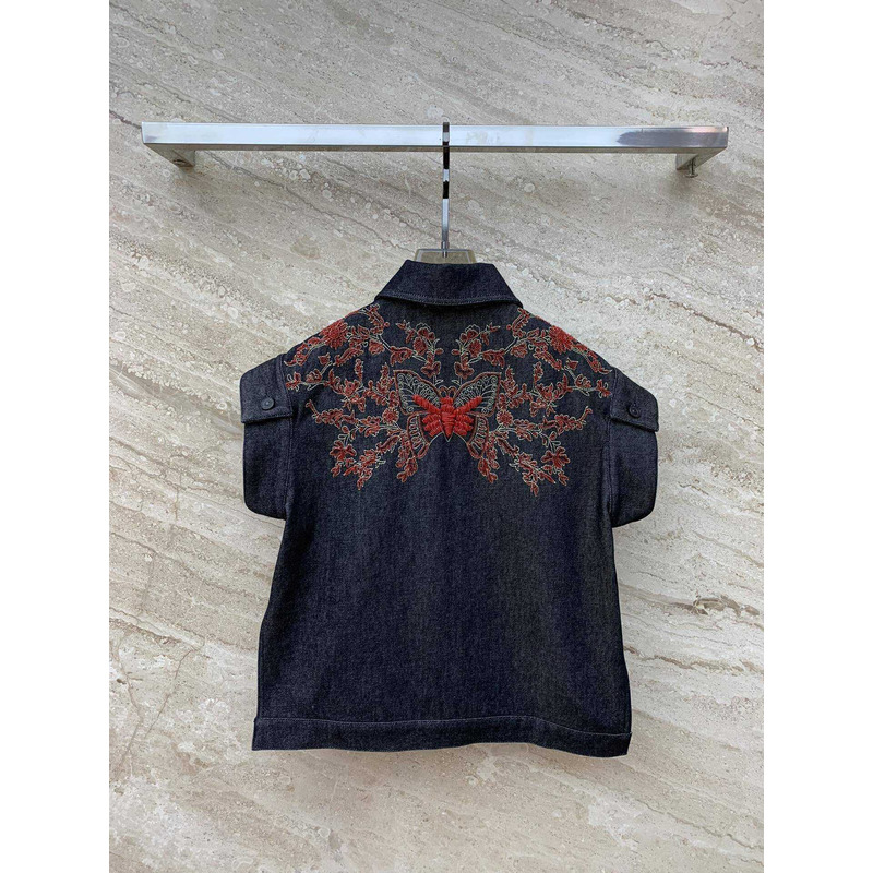 D*or embroidered jacket cotton denim and coral-colored beads black