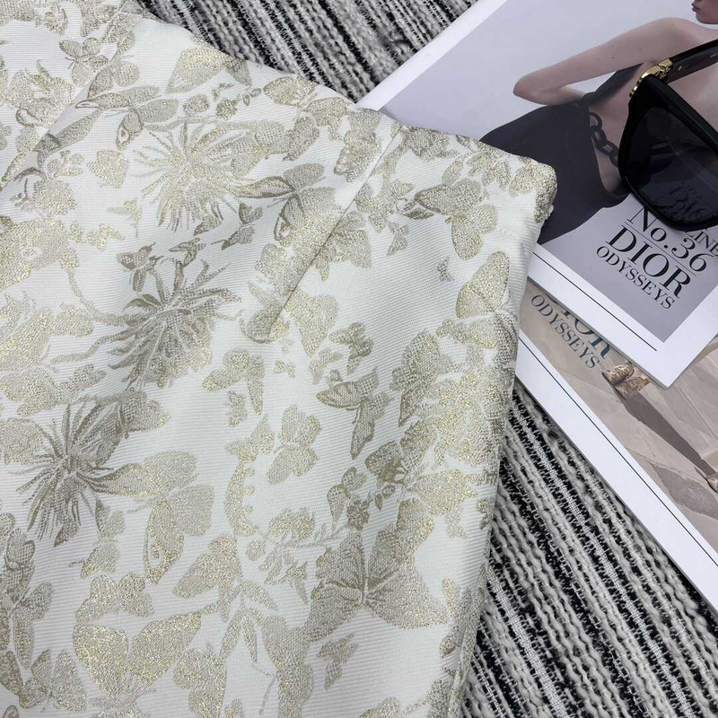 D*or mid-length flared skirt white technical jacquard with gold-tone allover butterfly motif