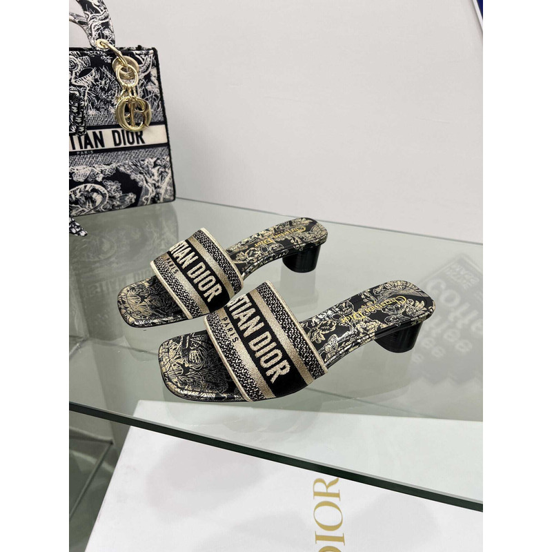 ch**an D*or dway heeled slide butterflies embroidered cotton black