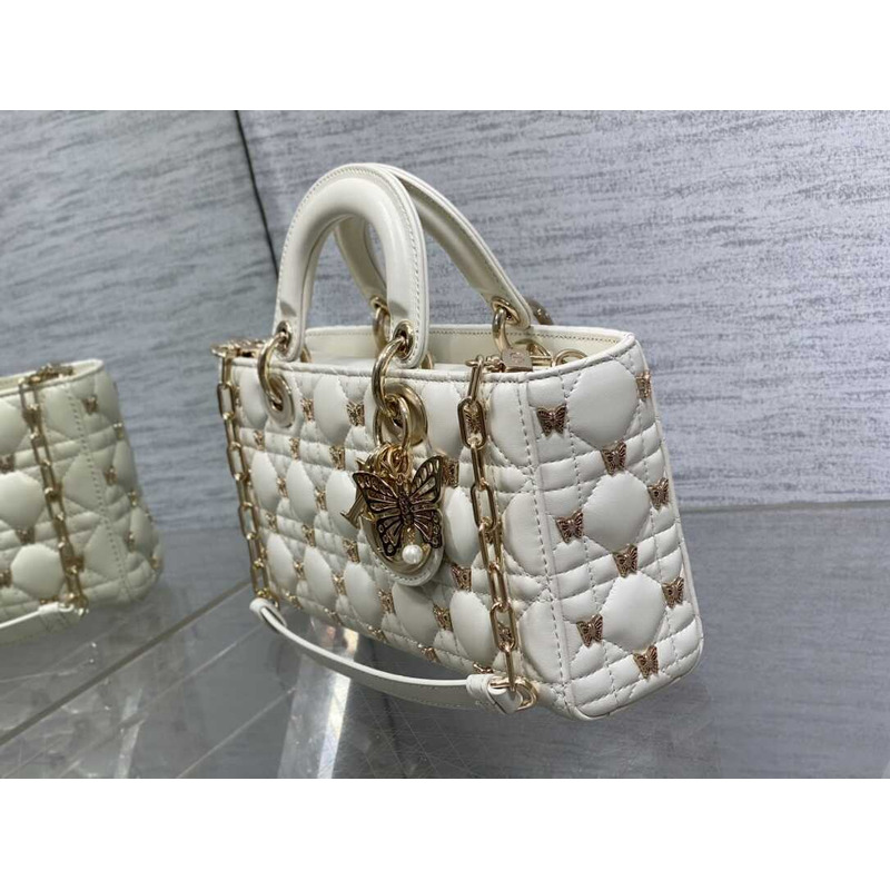 D*or medium lady d-joy bag cannage lambskin gold-finish butterfly studs white