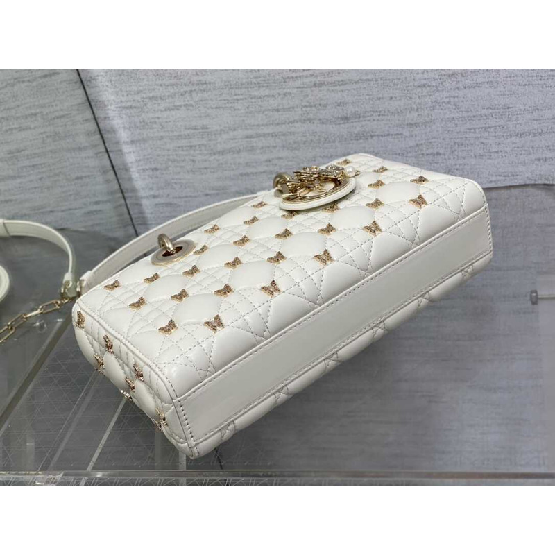 D*or medium lady d-joy bag cannage lambskin gold-finish butterfly studs white