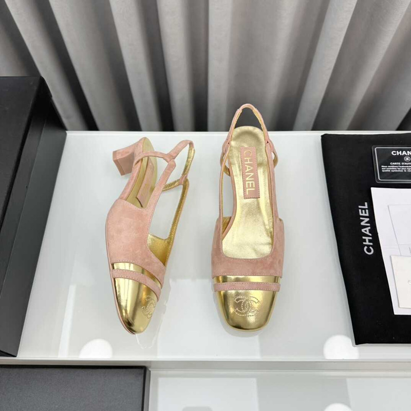 Ch*el velvet and leather slingbacks golden and pink