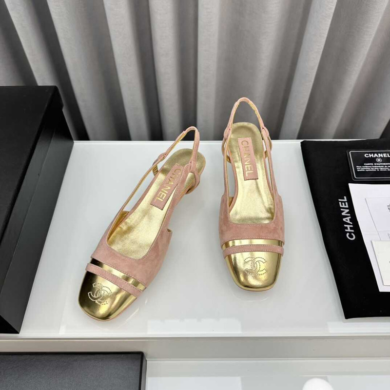 Ch*el velvet and leather slingbacks golden and pink
