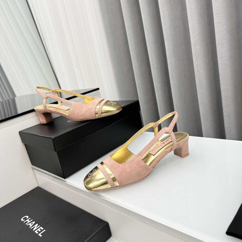 Ch*el velvet and leather slingbacks golden and pink