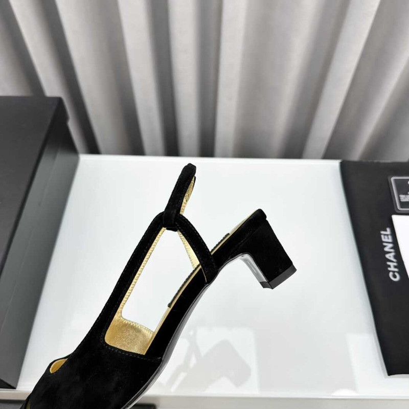 Ch*el velvet and leather slingbacks golden and black