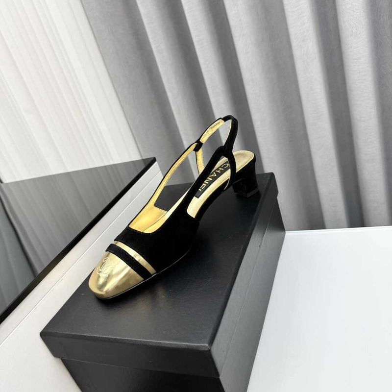 Ch*el velvet and leather slingbacks golden and black