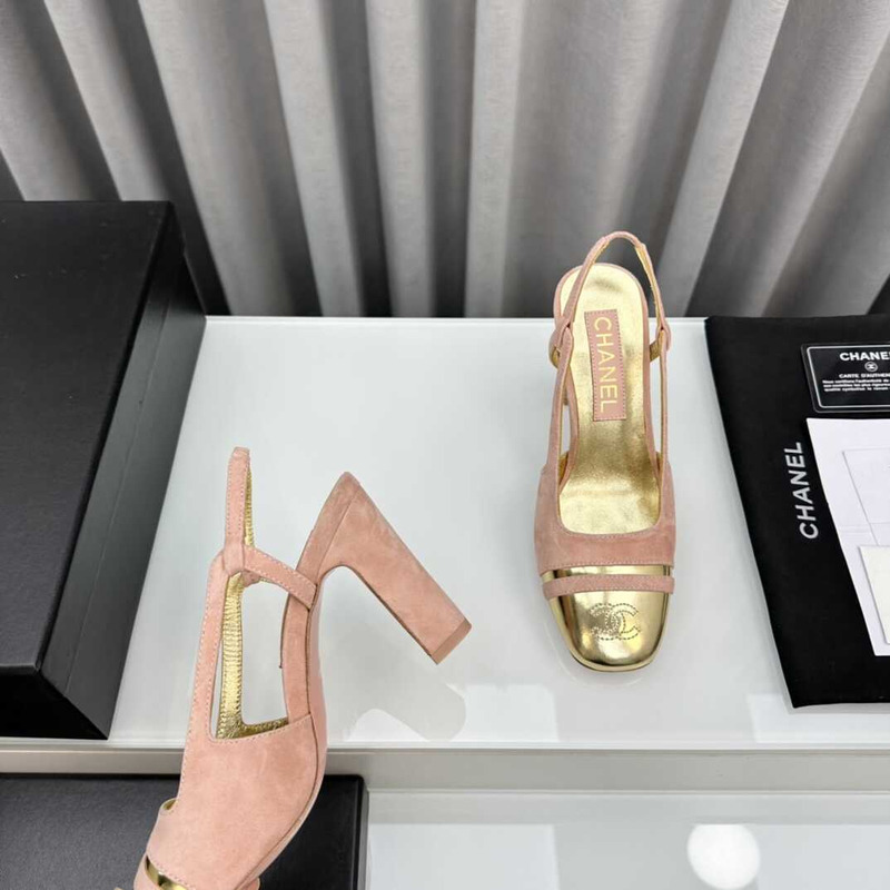 Ch*el velvet and leather high heel slingbacks golden and pink