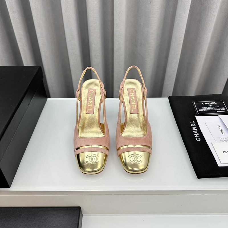 Ch*el velvet and leather high heel slingbacks golden and pink