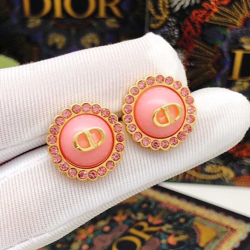 D*or petit cd baroque stud earrings gold-finish metal, pink crystals and light pink glass
