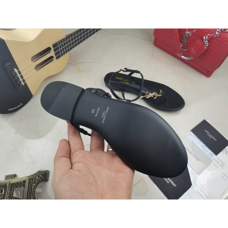 Saint Laurent Cassandra Satin Sandals Flat Black