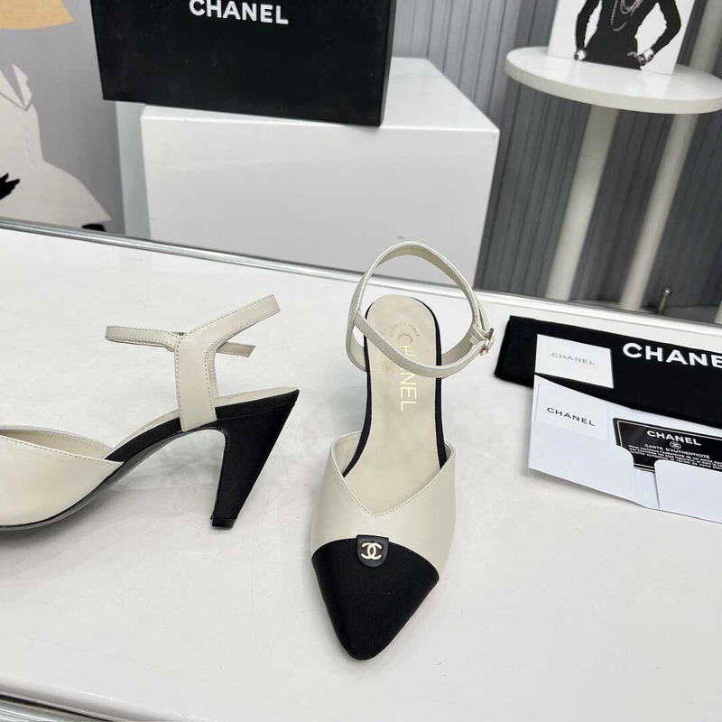 Ch*el contrast toe leather sling backs white