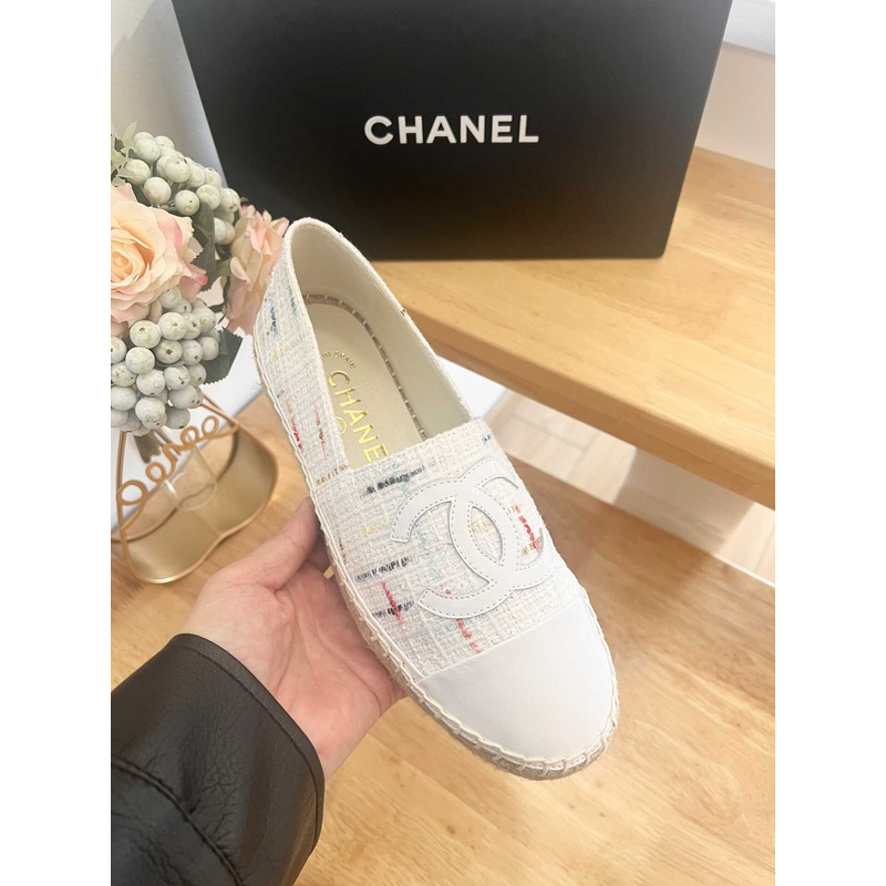 Ch*el espadrilles glittered cotton tweed & lambskin white & multicolor