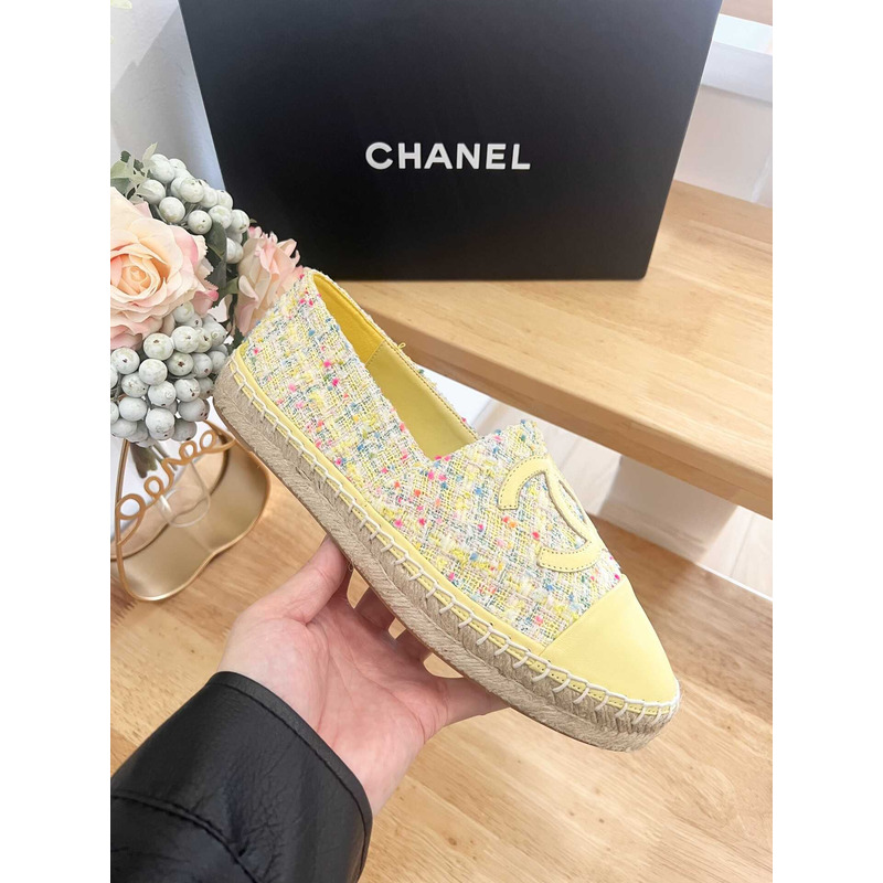 Ch*el espadrilles glittered cotton tweed & lambskin yellow & multicolor
