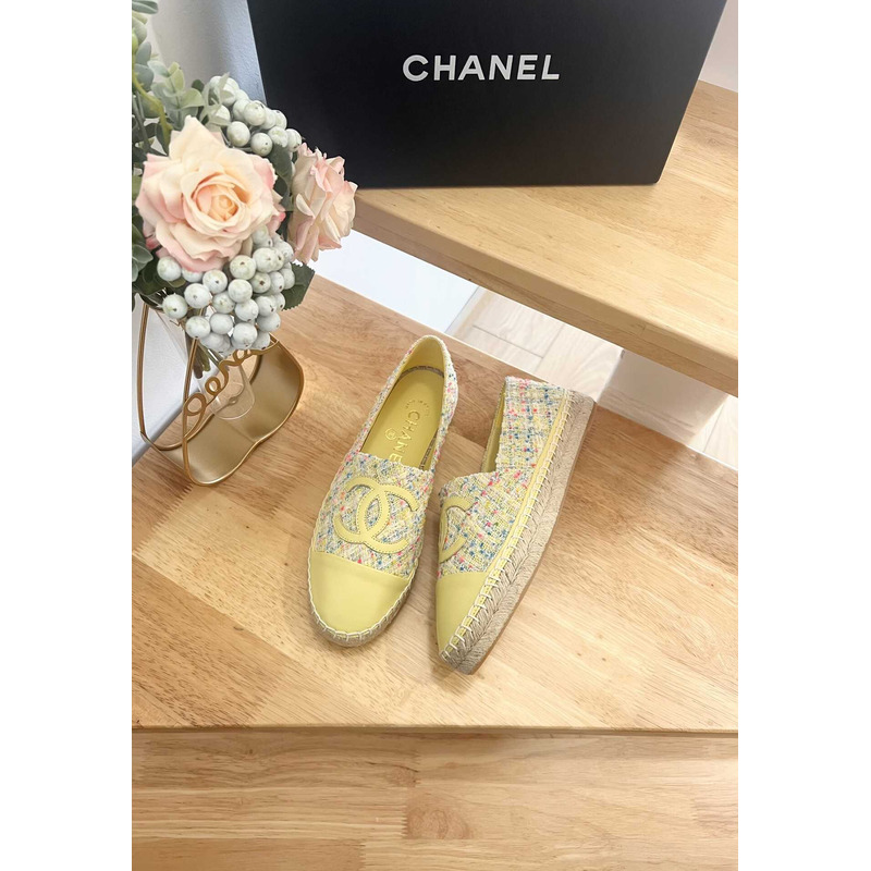 Ch*el espadrilles glittered cotton tweed & lambskin yellow & multicolor