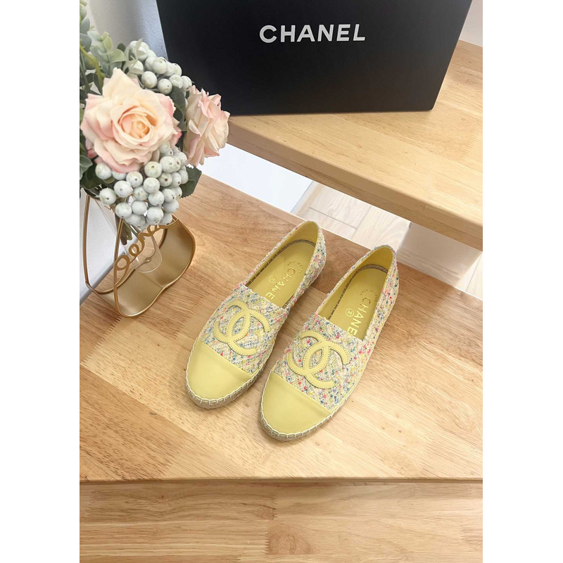 Ch*el espadrilles glittered cotton tweed & lambskin yellow & multicolor