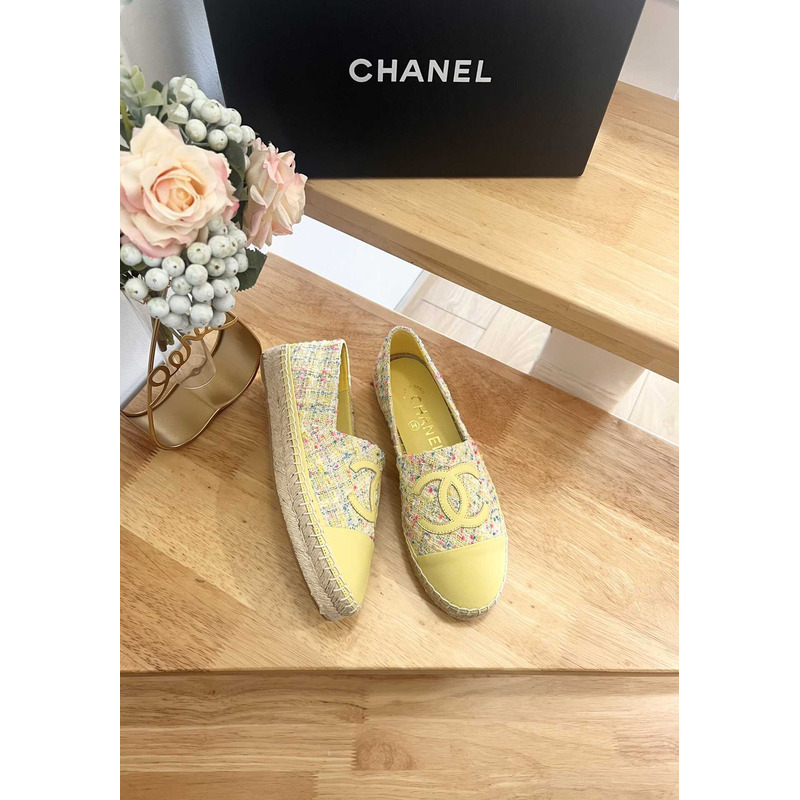 Ch*el espadrilles glittered cotton tweed & lambskin yellow & multicolor