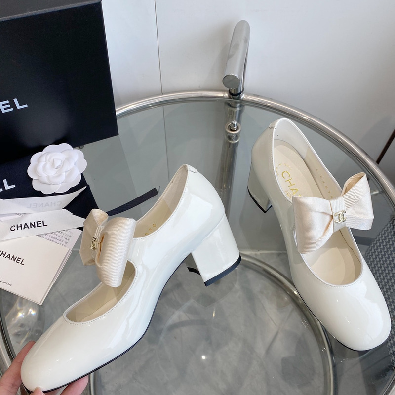 Ch*el mary janes patent calfskin & grosgrain white