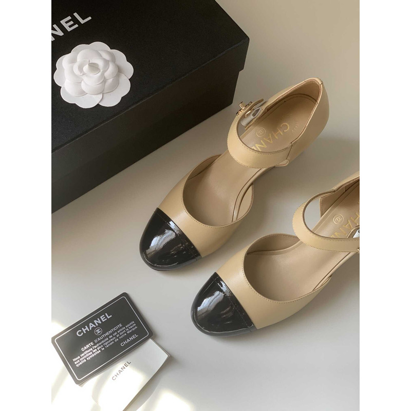 Ch*el lambskin patent cap toe mary jane wedge pumps brown black