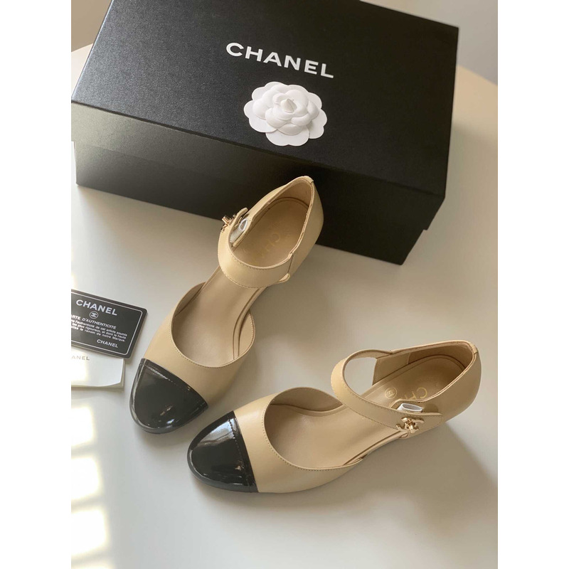 Ch*el lambskin patent cap toe mary jane wedge pumps brown black