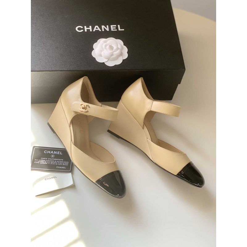 Ch*el lambskin patent cap toe mary jane wedge pumps brown black