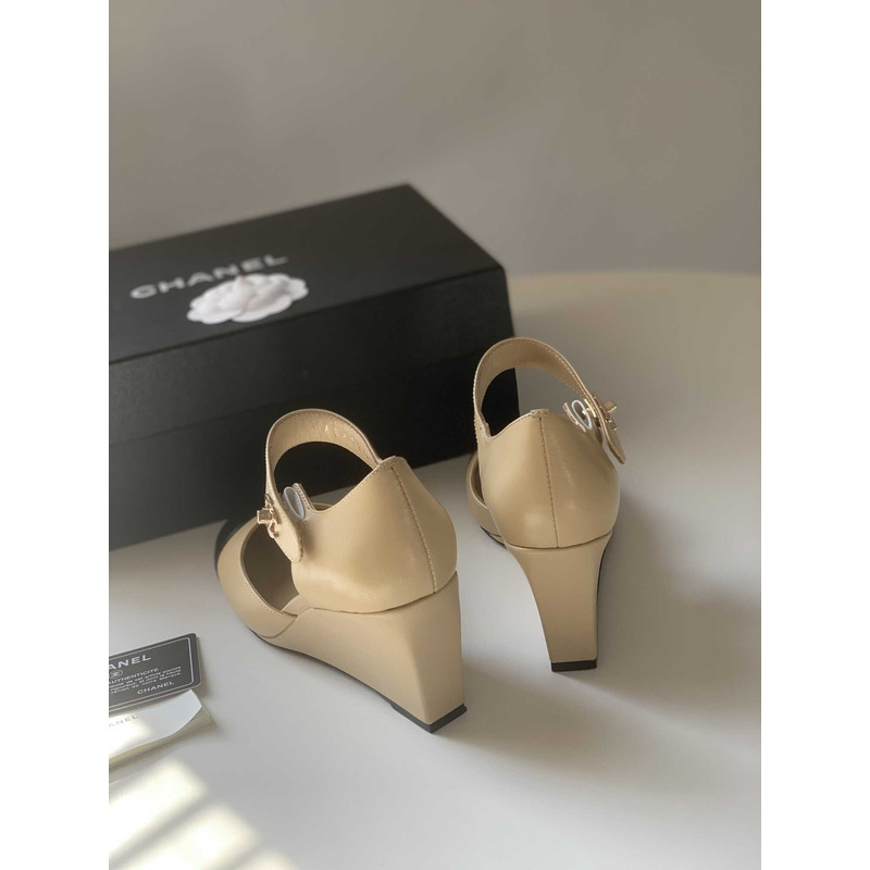 Ch*el lambskin patent cap toe mary jane wedge pumps brown black