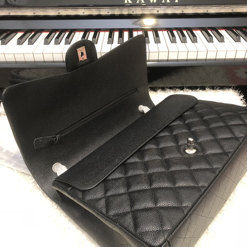 Ch*el classic double flap quilted caviar silver-tone large black