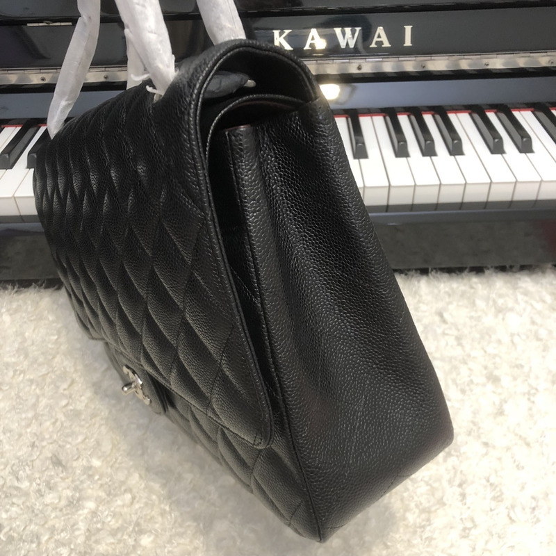 Ch*el classic double flap quilted caviar silver-tone large black