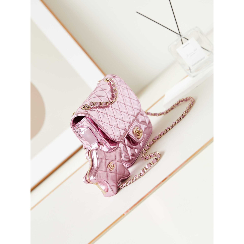 Ch*el mini flap bag & star coin purse metallic mirror calfskin, metallic lambskin & gold-tone metal light pink