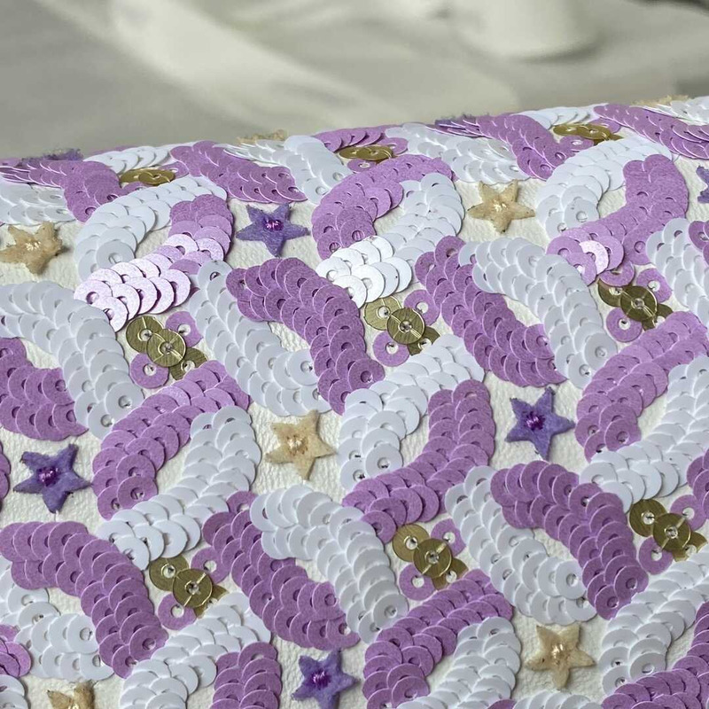 Ch*el mini flap bag embroidered satin, sequins, glass beads, strass, star sequins & gold-tone metal purple & white