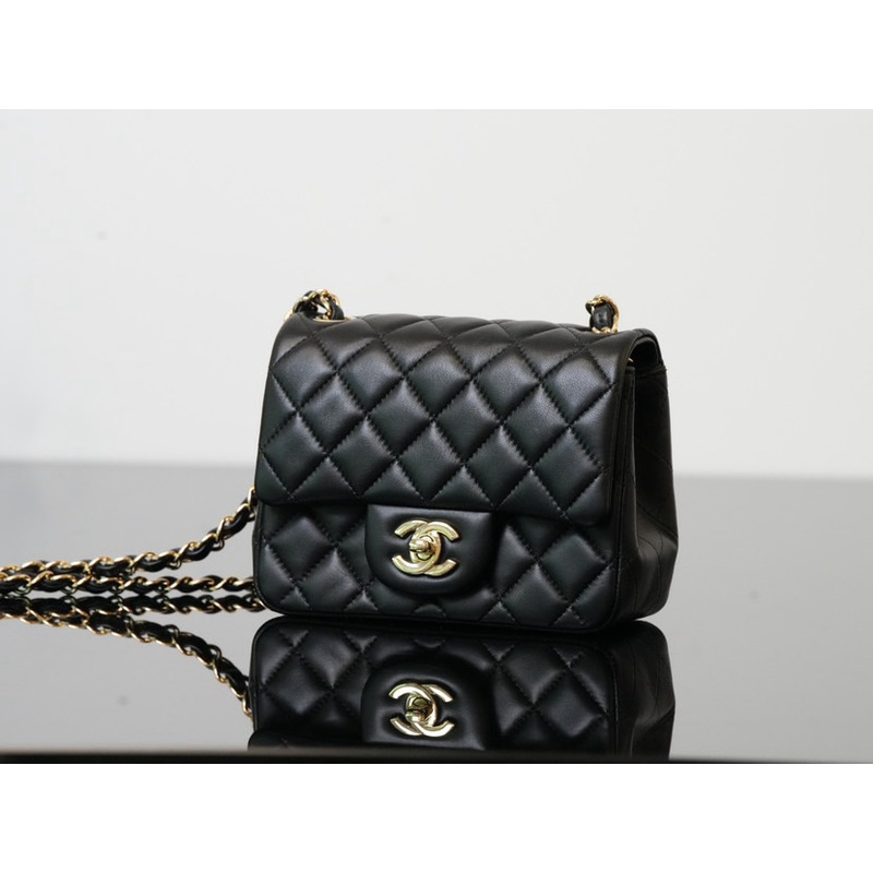 Ch*el mini flap bag lambskin & gold-tone metal black