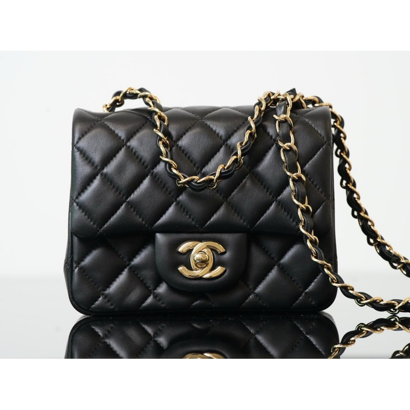 Ch*el mini flap bag lambskin & gold-tone metal black