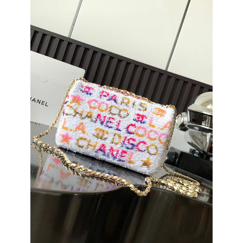 Ch*el small flap bag sequins & gold-tone metal white, yellow, pink & blue