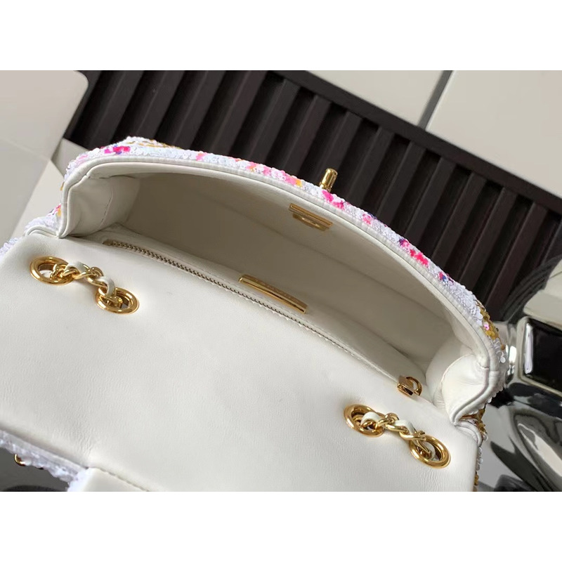 Ch*el small flap bag sequins & gold-tone metal white, yellow, pink & blue