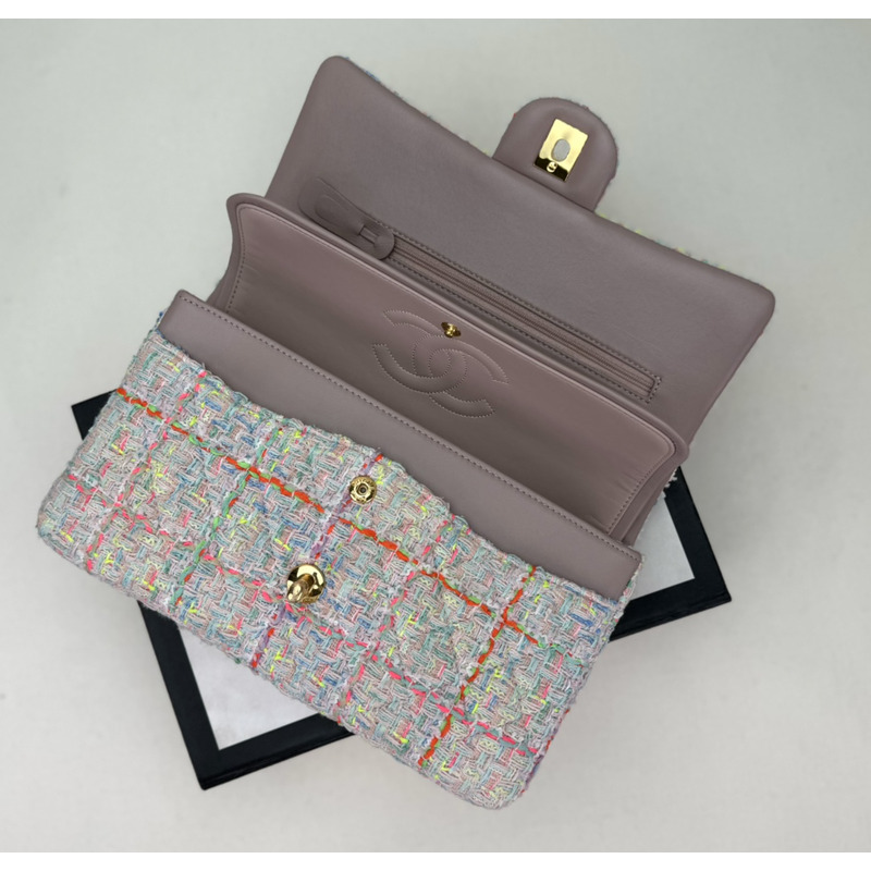 Ch*el classic handbag tweed & gold-tone metal multicolor