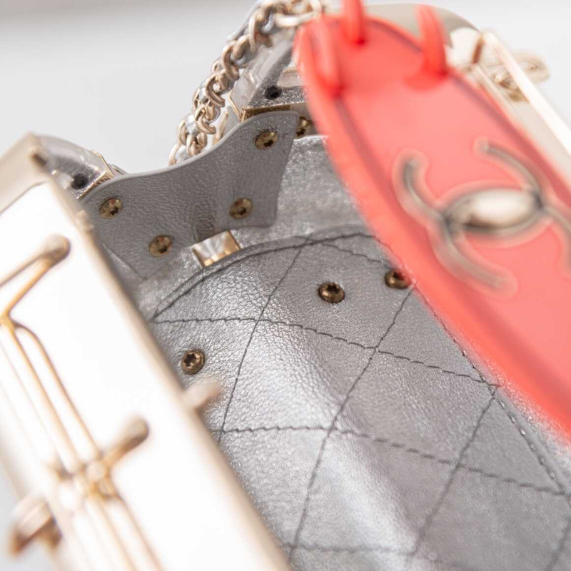 Ch*el mini van minaudiere plexi, enamel, strass & gold-tone metal silver, gold & pink