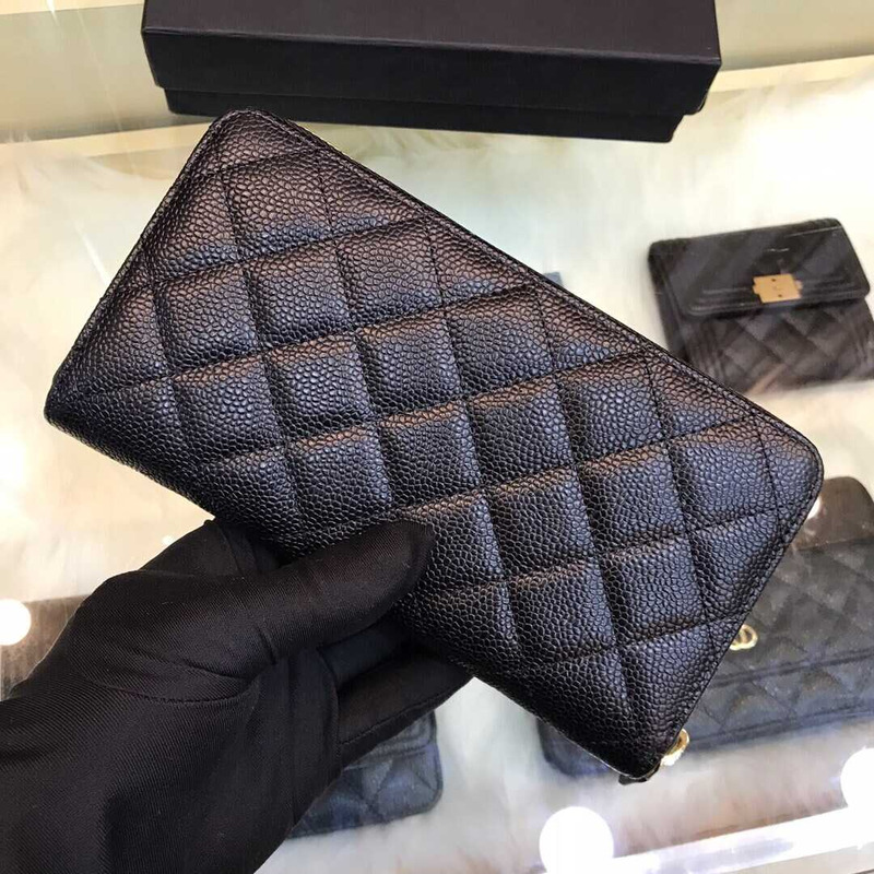 Ch*el gusset zip around wallet quilted caviar golden-tone large black