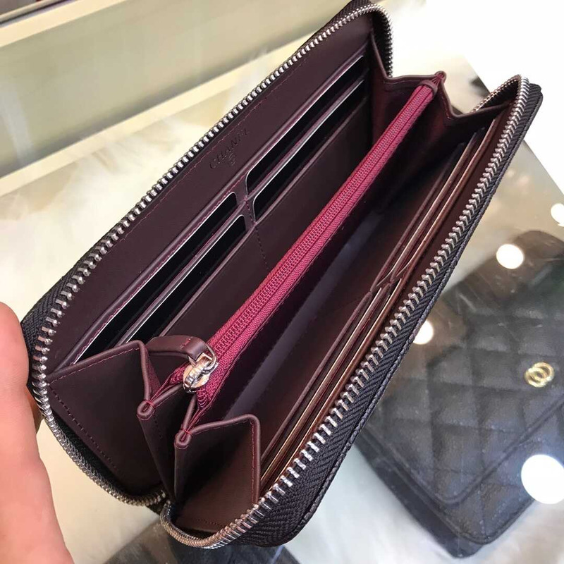 Ch*el gusset zip around wallet quilted caviar silver-tone large black