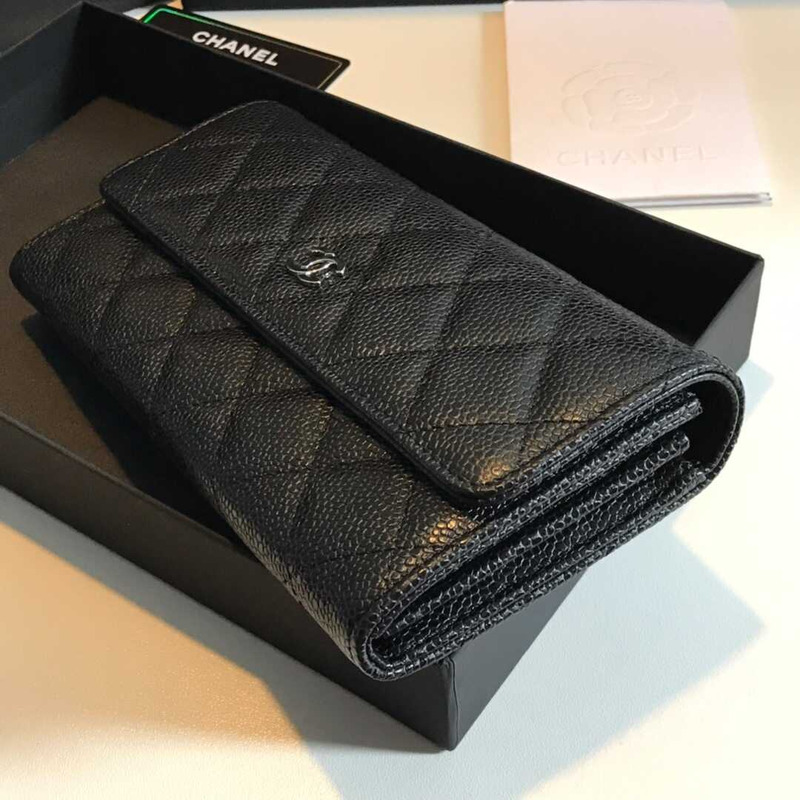 Ch*el caviar quilted large gusset flap wallet black