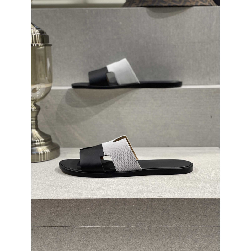 H**mes izmir sandal black grey slides  leather