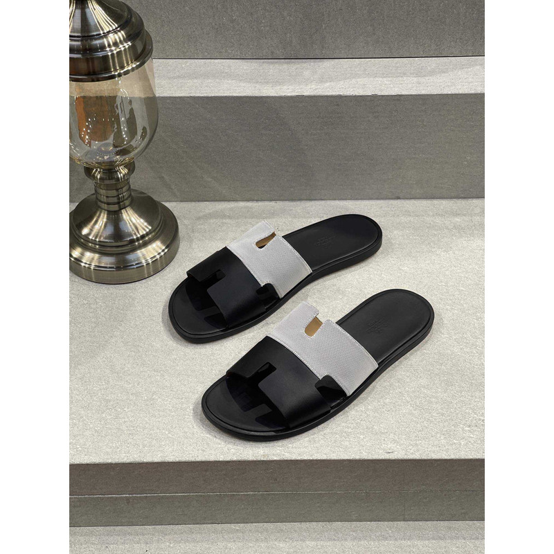 H**mes izmir sandal black grey slides  leather