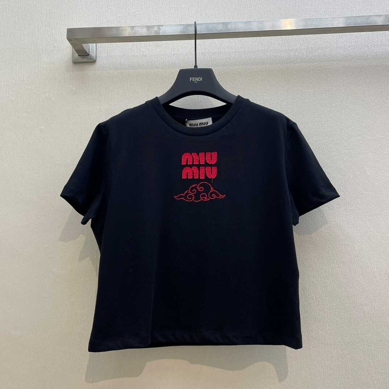 Miu Miu Embroidered Cotton T-shirt Black