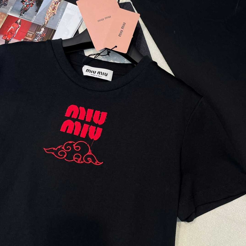 Miu Miu Embroidered Cotton T-shirt Black