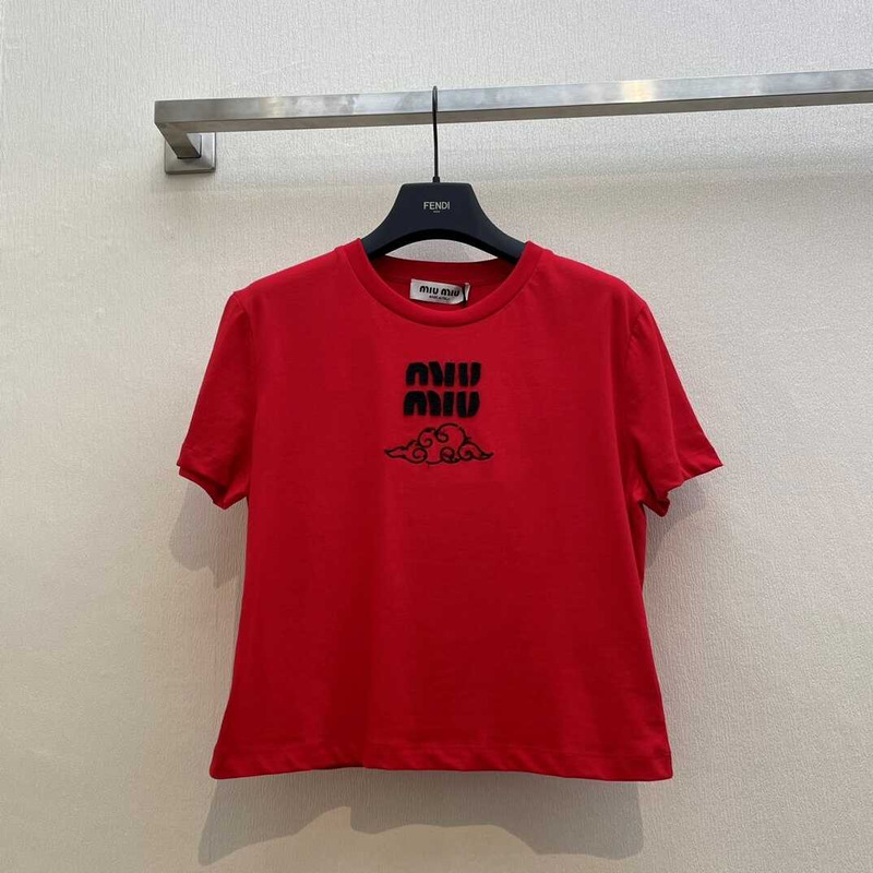 Miu Miu Embroidered Cotton T-shirt Red
